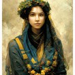 womaninblueandyellowwithflowers1920
