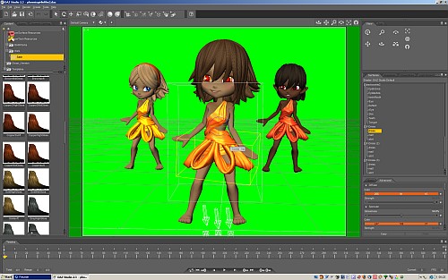Die drei Phoenix-Sisters im Animator DAZ Studio 2.3 - die drei sind schon in Pose gestellt, nur das Material der Kleidchen wird noch angepasst. Der grüne Hintergrund wird im Videoschnittprogramm später wichtig sein, um die Damen freizustellen.