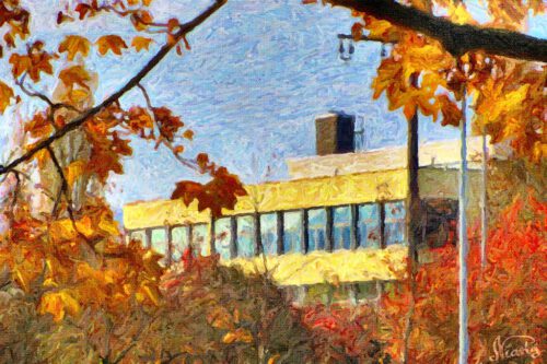 Einst ein Telefoto, nun ein kleines Impasto-Gemälde: Das Klettgau-Gymnasium im Herbst... (c) by Niarts