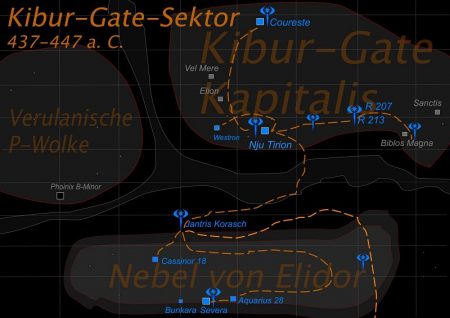 Kibur-Gate-Sektor mit nitramischen Hyperraumrouten und Stützpunkten der 12. Nitramischen Raumflotte ab 439 a. C.