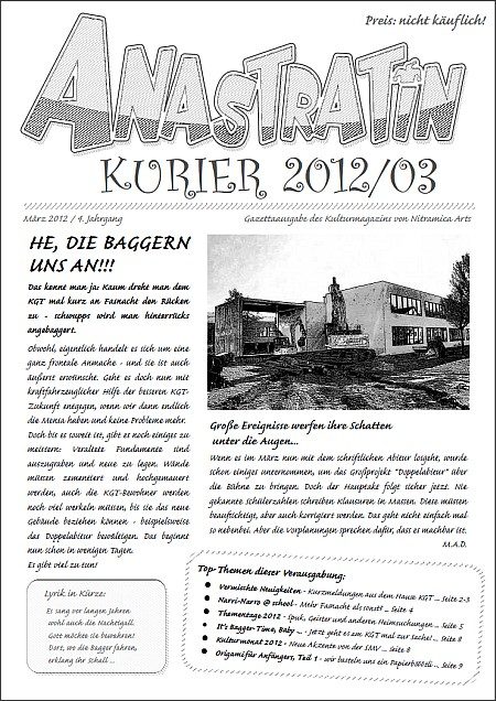 Die erste Seite von zwölf des Anastratin Kurier, Ausgabe 2012/03