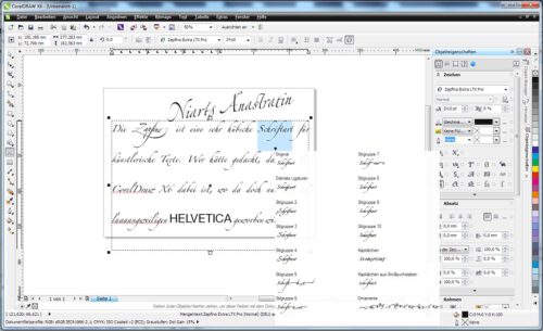 CorelDraws neue Typografiemöglichkeiten am Beispiel der Schriftart Zapfino.