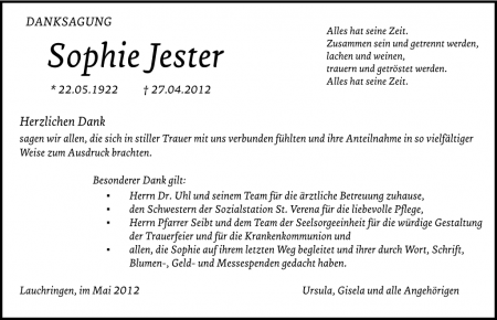 Danksagung für Sophie Jester in der Niarts-Version