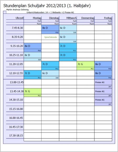 Der Stundenplan von Herrn Dühning im Schuljahr 2012/2013 weist deutlich weniger Unterrichtsstunden auf, wegen Löchern im Stundenplan wird er trotzdem länger an der Schule sein.