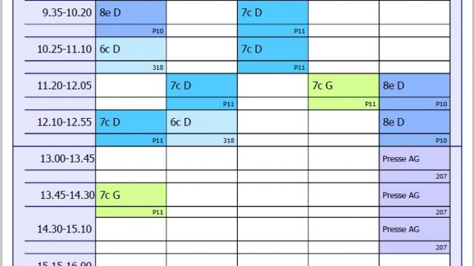 Der Stundenplan von Herrn Dühning im Schuljahr 2012/2013 weist deutlich weniger Unterrichtsstunden auf, wegen Löchern im Stundenplan wird er trotzdem länger an der Schule sein.