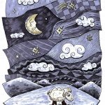 "Naive geometrische Depression - mit Schaf", colorierte Tuschezeichnung von Martin Dühning