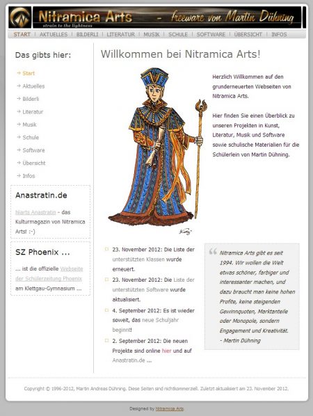 Die Niarts-Webseite im November 2012 - nun mit einem echten nitramischen Vizekönig als Torwächter.