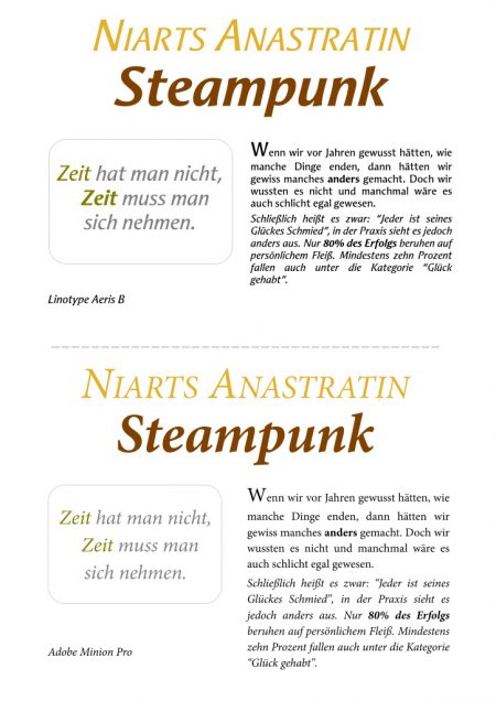 Schriftprobe für die Anastratin Steampunkausgabe in den Schriften Aeris B und Minion Pro