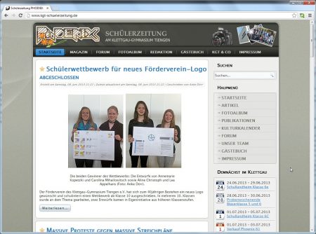 Die Webseite der Schülerzeitung Phoenix, wie sie sich am 29. Juni 2013 präsentierte. Die inzwischen dritte Inkarnation der Großwebsite basiert wie die beiden Vorgänger auf dem CMS Joomla, verfügte Dank Niarts aber über einen wesentlich schnelleren Server und technisch mehr Möglichkeiten als die staatlich gehostete KGT-Webseite.