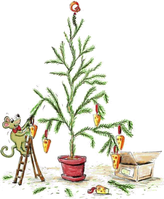 Seit 1999 schmückt Mendrik Mogimaus auf der Niarts-Webseite jedes Jahr zur Weihnachtszeit seinen Käseweihnachtsbaum.