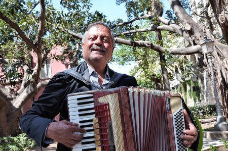 Ein sizilianischer Musiker bringt in einem Park mit südamerikanischen Gummibäumen ein persönliches Akkordeonständchen dar. (Foto: Martin Dühning)