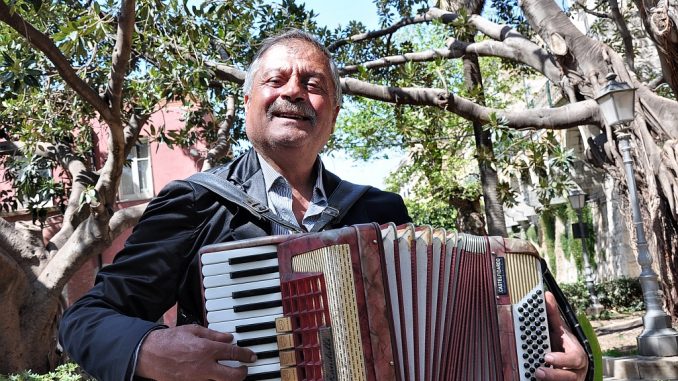 Ein sizilianischer Musiker bringt in einem Park mit südamerikanischen Gummibäumen ein persönliches Akkordeonständchen dar. (Foto: Martin Dühning)