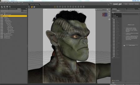 Der "freundliche Ork von nebenan" - in der Texturierungsansicht von DAZ Studio 4.6+ - die Basisfigur ist Genesis 1, der Ork-Morph wurde mit GenX von Victoria 4 importiert. Die Texture stammt von "Talarian Alien" für Genesis I. Um wirklich "lebensecht" zu wirken, fehlen allerdings noch die für Orks typischen Narben - selbst die Ohren sind zu unversehrt für eine Kriegerkreatur der Finsternis. All dies muss per Retusche nach dem Rendering von Hand hinzugemalt werden.