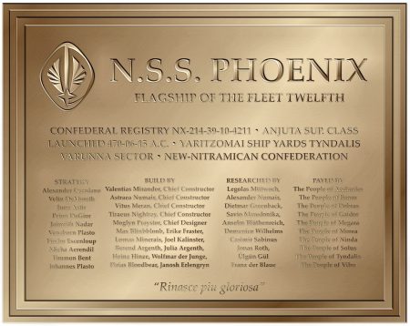 Widmungstafel der N.S.S. Phoenix (D). Das nunmehr vierte Sternenschiff mit diesem Namen soll wieder Flaggschiff der neuen 12. Flotte werden.