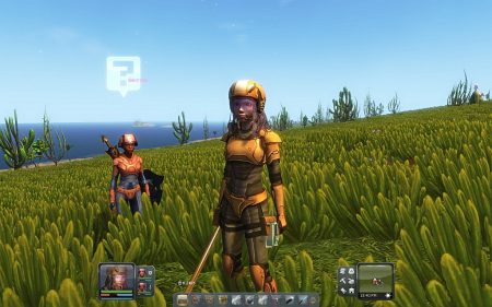 Unser Hauptcharakter und einer seiner beiden NPC-Unterstützer im Storymodus von Planet Explorers.