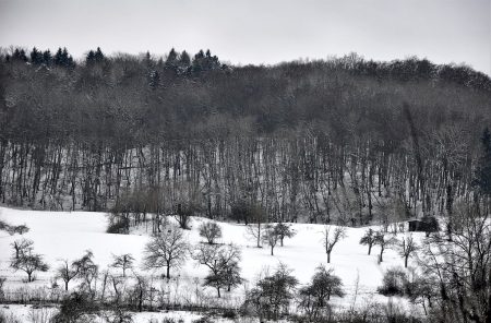 Schneebedeckte Hügel: Ganz fototauglich ist das Wetter so noch nicht mangels Farben, es sei denn, man steht auf natürliche Schwarzweißkontraste. (Foto: Martin Dühning)