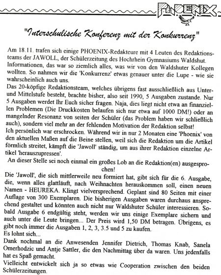 In den 90er Jahren traf sich die Phoenix-Redaktion auch mit ihren Schülerzeitungskollegen vom Hochrhein-Gymnasium, wie ein damaliger Artikel belegt.