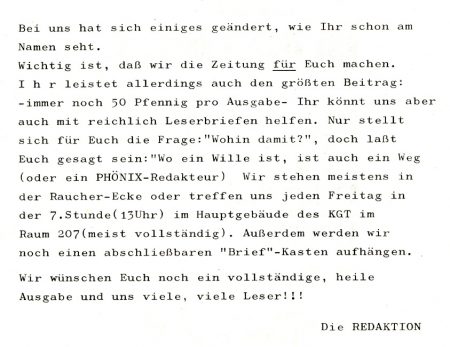 Das Editorial der Ausgabe Nr. 1 der Schülerzeitung Phoenix aus dem Jahr 1983.