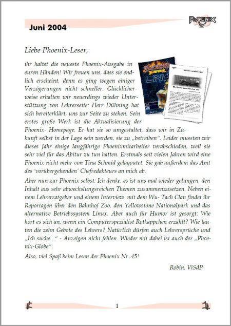 Seite 1 der Phoenix Nr. 45 im neuen OpenOffice-Layout mit dem Editorial von Chefredakteur Robin (Foto: Martin Dühning)