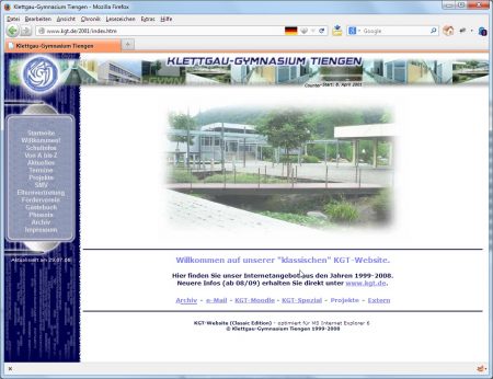 Das Layout der "klassischen KGT-Website", wie es 2003-2013 im Internet einsehbar war. Im Jahr 2003 hatte sich die KGT-Webseite als führendes Informationsportal am Klettgau-Gymnasium etabliert.