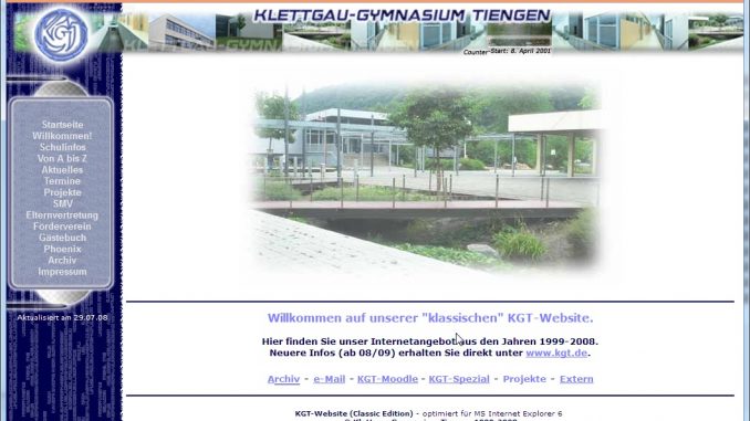 Das Layout der "klassischen KGT-Website", wie es 2003-2013 im Internet einsehbar war. Im Jahr 2003 hatte sich die KGT-Webseite als führendes Informationsportal am Klettgau-Gymnasium etabliert.