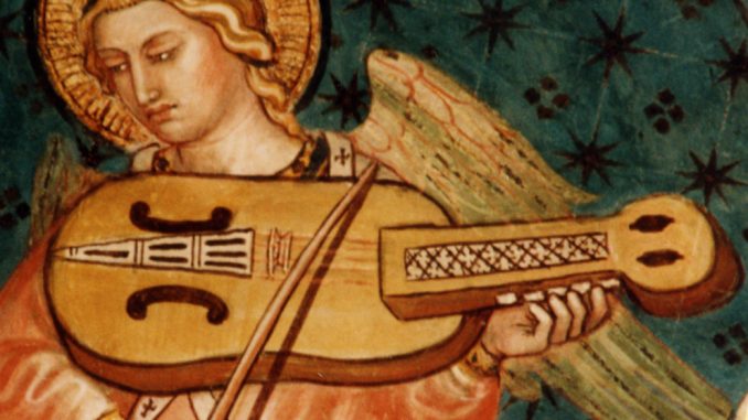 Nyckelharpa auf einem Fresko in Siena, 1408 (Quelle: Wikimedia Commons)