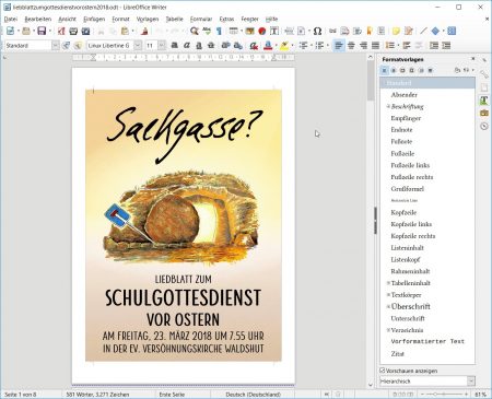 Liedblatt zum Schulgottesdienst vor Ostern am Hochrhein-Gymnasium - gelayoutet mit LibreOffice (Screenshot)