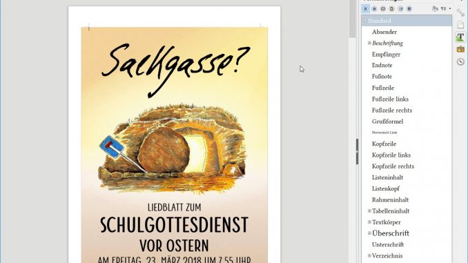 Liedblatt zum Schulgottesdienst vor Ostern am Hochrhein-Gymnasium - gelayoutet mit LibreOffice (Screenshot)