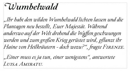 Textausschnitt aus der Erzählung "Wumbelwald", gelayoutet in Paciencia Regular Italic (Grafik: Martin Dühning)