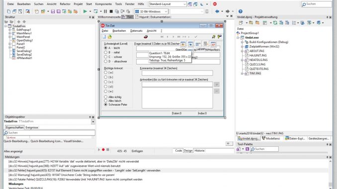 TinDat für Quizzy in der aktuellen Community Edition von Delphi (10.2.3) - wie gewohnt lässt sich das Programm in der neuen Variante natürlich nicht so ohne Weiteres compilieren.