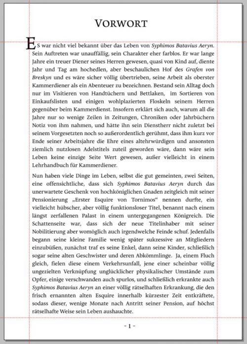 Auszug aus dem Roman "Der Fall des Hauses Aeryn", gelayoutet in der Schriftart Eloquence (Text und Grafik: Martin Dühning)