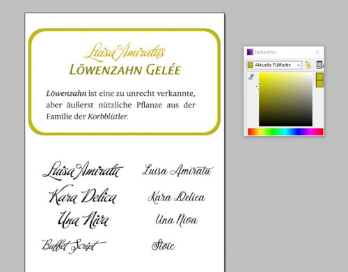 Schriftenspielereien mit Buffet Script, Stoic und Eloquence Light in Xara Designer Pro (Screenshot)