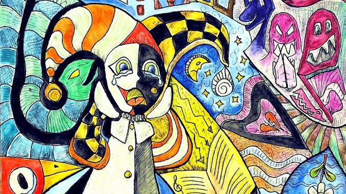 Weinender Harlekin, Gemäldeausschnitt (Aquarell: Martin Dühning)