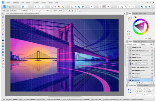 Die Zeichenfunktionen von Affinity Designer konnten sich bereits in der Version vor 1.8 sehen lassen: Mittels Ebenen im Raum können damit nicht nur 2D- sondern auch 3D-Grafiken konstruiert werden - hier eine perspektivische Brücke aus dem mitgelieferten Tutorial (Screenshot)