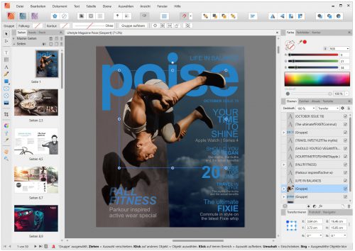 Beispielsatz eines Magazins in Affinity Publisher 1.8 in heller Designumgebung (Screenshot)