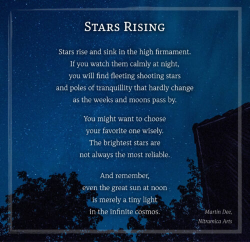 Das Bildgedicht "Stars Rising", gelayoutet mit der Schriftart Alkes (Grafik und Text: Martin Dühning)