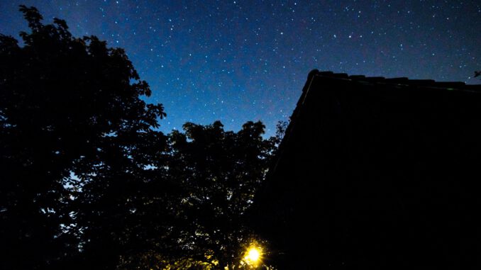 Der Sternenhimmel über Urgroßvaters Schuppen, meine Kastanien und störendes Streulicht (Foto: Martin Dühning)