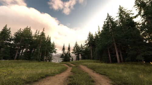 Der fertig gerenderte Bergweg im Morgendämmer (Grafik: Martin Dühning)