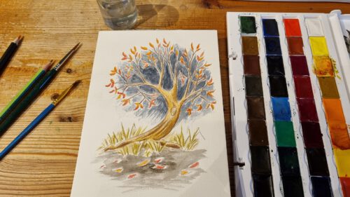 Skizze eines Herbstbaumes mit White Nights Aquarellfarben (Foto und Grafik: Martin Dühning)