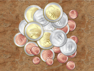Nitramische Münzen: Auris (Gold), Denar (Silber) und Kenton (Silber/Kupfer)
