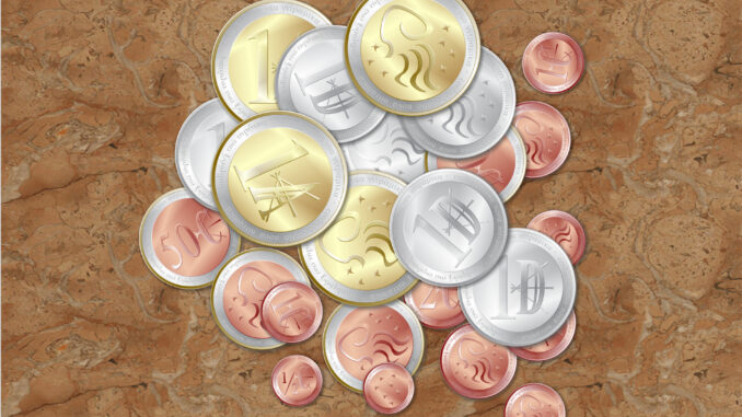 Nitramische Münzen: Auris (Gold), Denar (Silber) und Kenton (Silber/Kupfer)