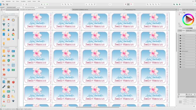 Hibiskus-Etiketten, gelayoutet in Affinity Designer 2.1 (Grafik: Martin Dühning)
