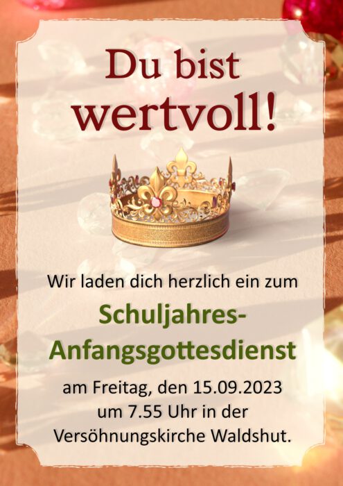 Plakat für den Schuljahres-Anfangsgottesdienst am 15. September 2023 in der Versöhnungskirche (Grafik: Martin Dühning)