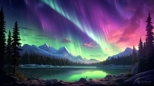 Nordlichter über den borealen Wäldern des Planeten Eredanor VII