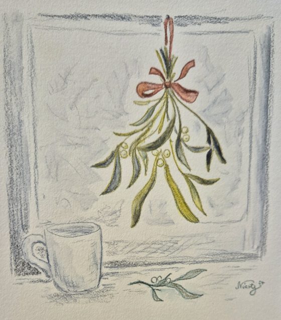 Mistelzweig und Tasse, gezeichnet und vermalt mit Derwent Graphitint-Stiften (Grafik: Martin Dühning)