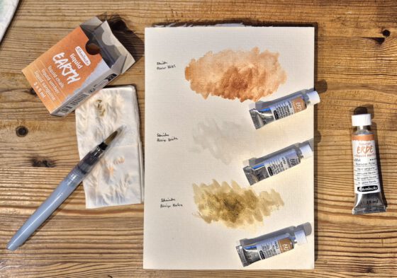 Das Probierpaket von Schminckes "Flüssiger Erde" enthält drei Farben: flüssiger Umbra, flüssige Kreide und flüssiger Rötel.