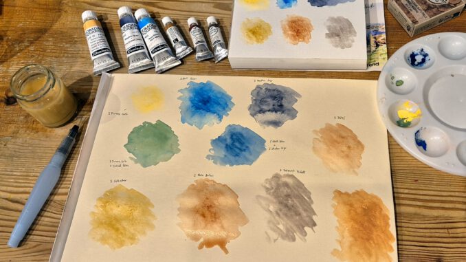Ein paar Experimente mit neuen Schmincke Aquarellfarben im April 2025 (Foto: Martin Dühning)
