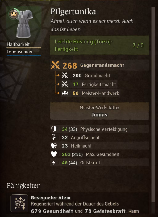 Durch Meisterhandwerk meisterlich hergestellte Gegenstände haben besondere Werte und zeigen ihren Erschaffer an (Screenshot).