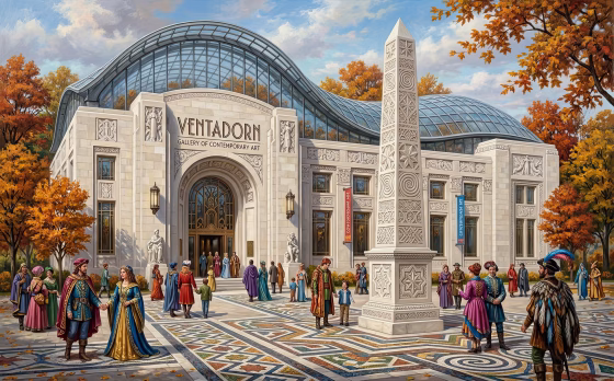 Die Galerie für zeitgenössische Kunst im Stadtviertel Beltaine von Ventadorn während der Motto-Woche für Renaissance-Kleidung (Grafik: Martin Dühning, KI-bearbeitet)